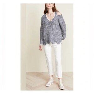 Wildfox Sweater M Echo Heather Gray Distressed Oversized Knit V-neck
